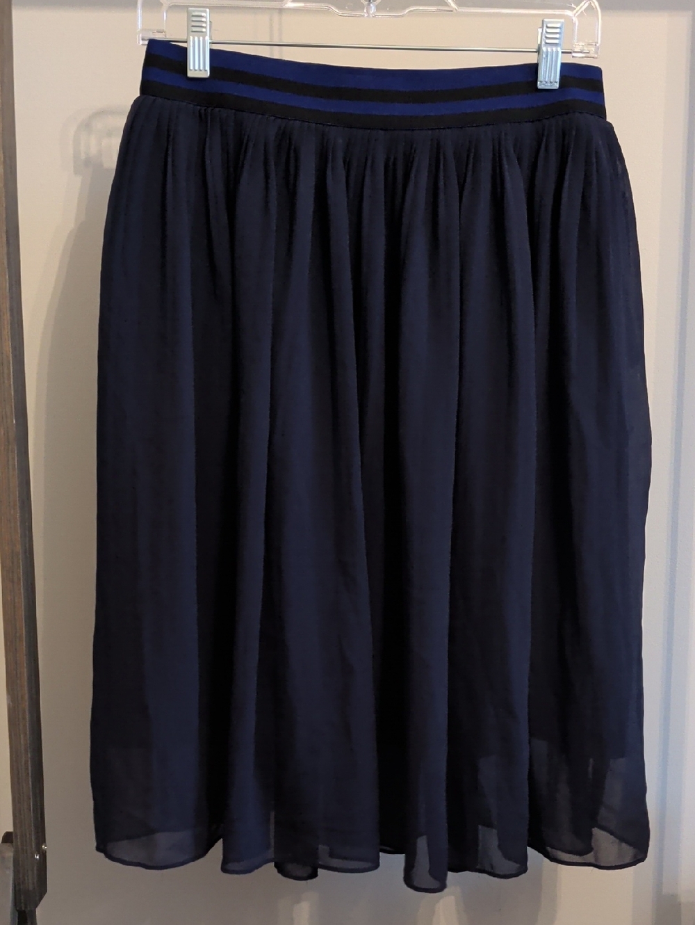 Women's Navy Skirt, Soft Pleats & Striped Waistband